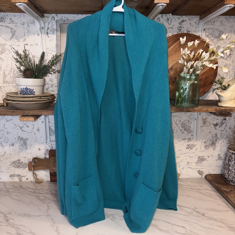 Vintage Lambswool Angora Rabbit Long Teal Cardigan Women's Large Cottagecore